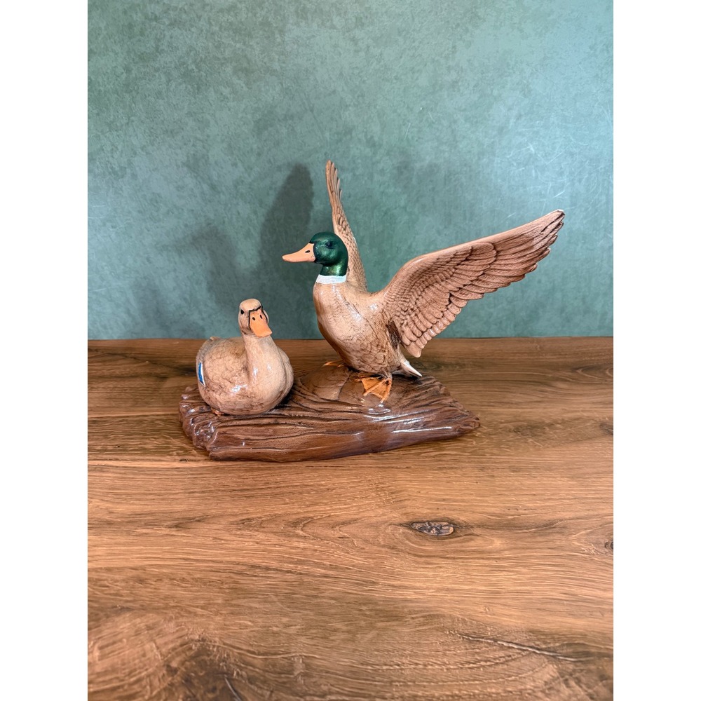 Vintage 1977 Romane Signed Ceramic Mallard Duck Pair Figurine Wings Spread Log